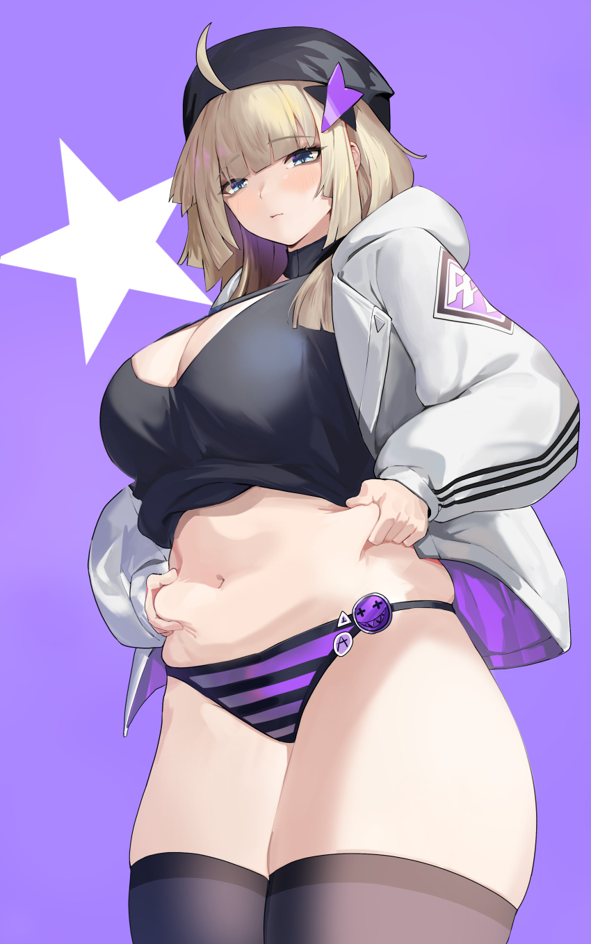 1girl aa-12_(girls'_frontline) absurdres ahoge beret blonde_hair blue_eyes blunt_bangs breasts commentary commission english_commentary girls'_frontline hands_on_own_stomach hat highres hood hoodie large_breasts navel panties pixiv_commission plump shio05_(05_sio) skindentation solo striped striped_panties thick_thighs thighhighs thighs underwear