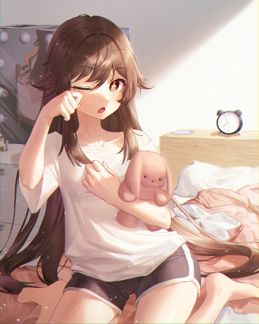 1girl absurdres black_shorts brown_hair chabi009 clock flower-shaped_pupils genshin_impact highres hu_tao_(genshin_impact) looking_at_viewer open_mouth red_eyes shorts symbol-shaped_pupils waking_up