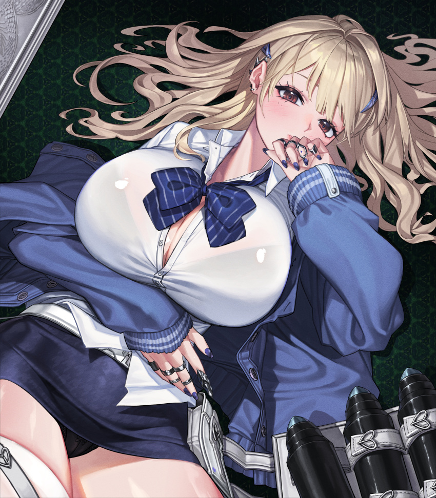 1girl belt_pouch black_panties blonde_hair blue_bow blue_bowtie blue_jacket blush bow bowtie bra_visible_through_clothes breasts brown_eyes claw_ring cleavage collared_shirt ear_piercing goddess_of_victory:_nikke hair_ornament hairclip highres huge_breasts jacket jerry63 jewelry long_hair looking_at_viewer lying mole mole_under_eye multiple_rings nail_polish off-shoulder_jacket off_shoulder on_back panties pantyshot partially_unbuttoned pencil_skirt piercing pouch puffy_sleeves purple_nails ring shirt skirt sleeves_past_wrists solo tia_(nikke) underwear white_shirt