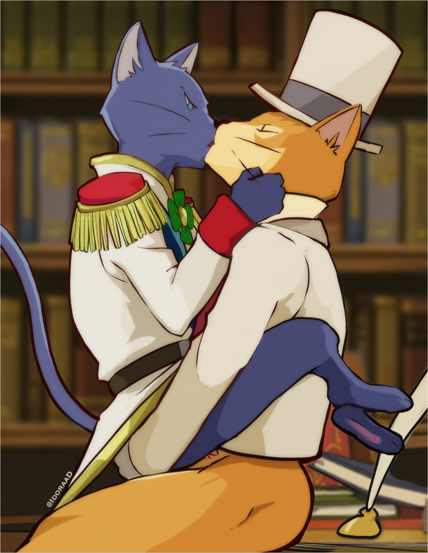 anthro anthro_on_anthro anthro_penetrated anthro_penetrating anthro_penetrating_anthro baron_humbert_von_gikkingen book clothed clothing domestic_cat duo felid feline felis ghibli hat headgear headwear hi_res idoraado intraspecies kissing male male/male male_penetrated male_penetrating male_penetrating_male mammal penetration prince_lune sex tail the_cat_returns top_hat whiskers