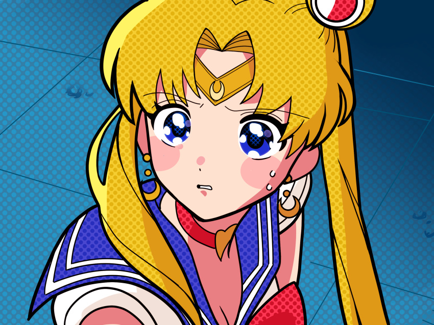 1girl bishoujo_senshi_sailor_moon blonde_hair blue_eyes blue_sailor_collar blush bow choker crescent crescent_earrings diadem double_bun earrings hair_bun hair_ornament halftone heart heart_choker highres jewelry long_hair magical_girl meme parted_bangs red_bow red_choker sailor_collar sailor_moon sailor_moon_redraw_challenge_(meme) sailor_senshi_uniform solo sugarmonaka sweatdrop tile_floor tiles twintails