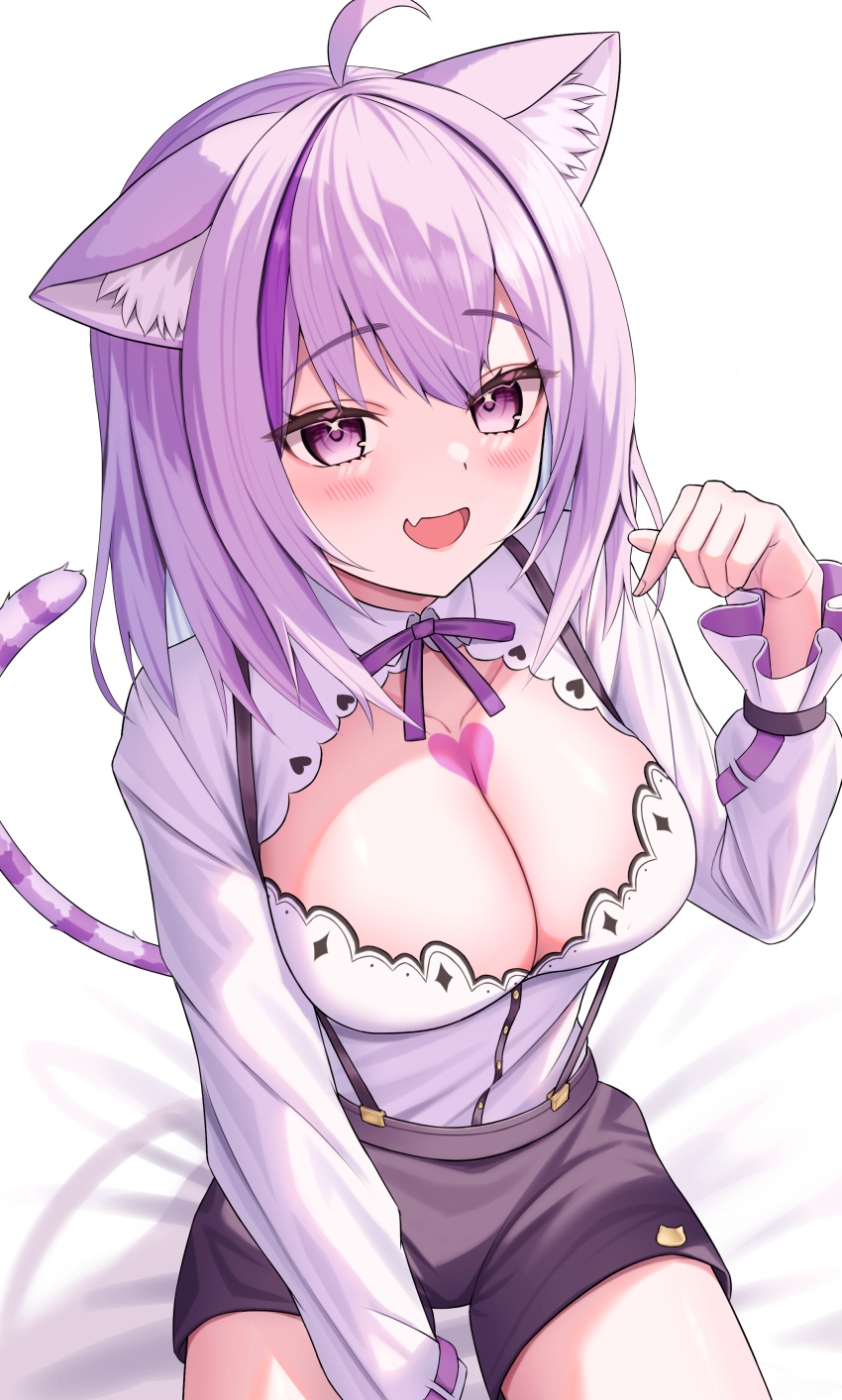 1girl absurdres ahoge animal_ears between_legs black_shorts blush breasts cat_ears cat_girl cat_tail chest_tattoo cleavage cleavage_cutout clothing_cutout commentary double-parted_bangs fang frilled_sleeves frills hand_between_legs heart heart_on_chest heart_tattoo highres hololive kumoru_(kumoru_145) large_breasts long_hair long_sleeves looking_at_viewer multicolored_hair neck_ribbon nekomata_okayu nekomata_okayu_(6th_costume) official_alternate_costume official_alternate_hair_length official_alternate_hairstyle open_mouth pointing pointing_at_self purple_eyes purple_hair purple_ribbon ribbon shirt shorts sitting skin_fang solo streaked_hair suspenders tail tattoo virtual_youtuber white_shirt