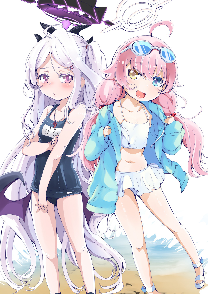 2girls :d absurdres ahoge beach bikini blue_archive blue_jacket blush collarbone commentary_request demon_girl demon_horns demon_wings eyewear_on_head frilled_bikini frills full_body hair_bobbles hair_ornament hairclip halo heterochromia highres hina_(blue_archive) hina_(swimsuit)_(blue_archive) hood hooded_jacket horns hoshino_(blue_archive) hoshino_(swimsuit)_(blue_archive) jacket long_hair long_sleeves looking_at_viewer low_twintails midriff multiple_girls name_tag ocean official_alternate_costume old_school_swimsuit one_side_up open_clothes open_jacket outdoors parted_bangs parted_lips pink_hair purple_eyes school_swimsuit shi_ecchi sidelocks sleeveless smile standing stomach sunglasses swimsuit twintails whistle whistle_around_neck white_bikini white_hair wings