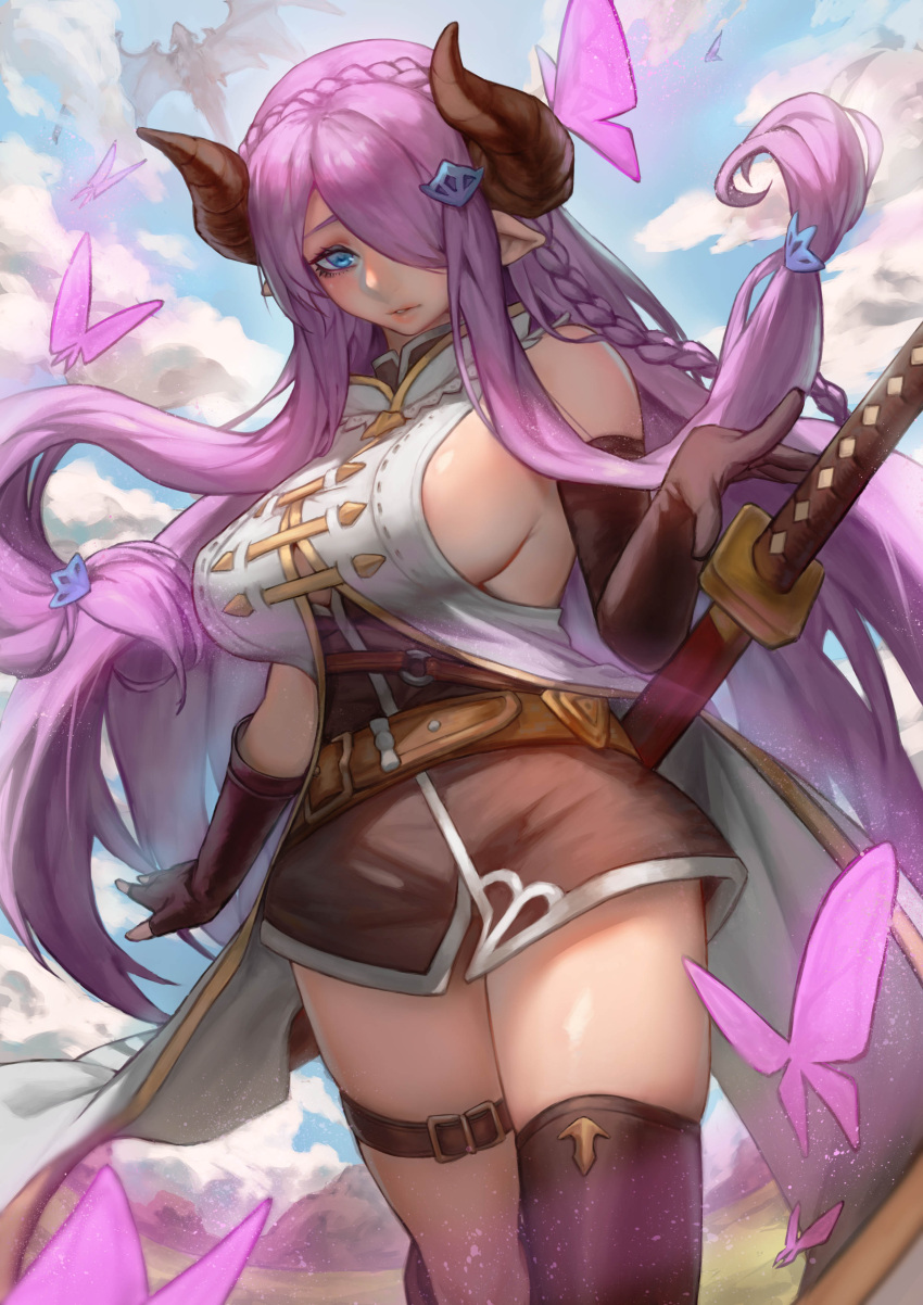 1girl absurdres asymmetrical_gloves belt blue_eyes braid breasts brown_belt brown_gloves brown_thighhighs bug butterfly butterfly_hair_ornament closed_mouth cloud curled_horns dragon draph elbow_gloves fingerless_gloves gloves granblue_fantasy hair_ornament hair_over_one_eye highres horns katana large_breasts long_hair looking_at_viewer maoer_(sam51417) narmaya_(granblue_fantasy) outdoors pointy_ears purple_hair sheath sheathed shirt sideboob single_braid single_elbow_glove single_fingerless_glove single_thighhigh sky sleeveless sleeveless_shirt solo sword thigh_belt thigh_strap thighhighs uneven_gloves very_long_hair weapon white_shirt