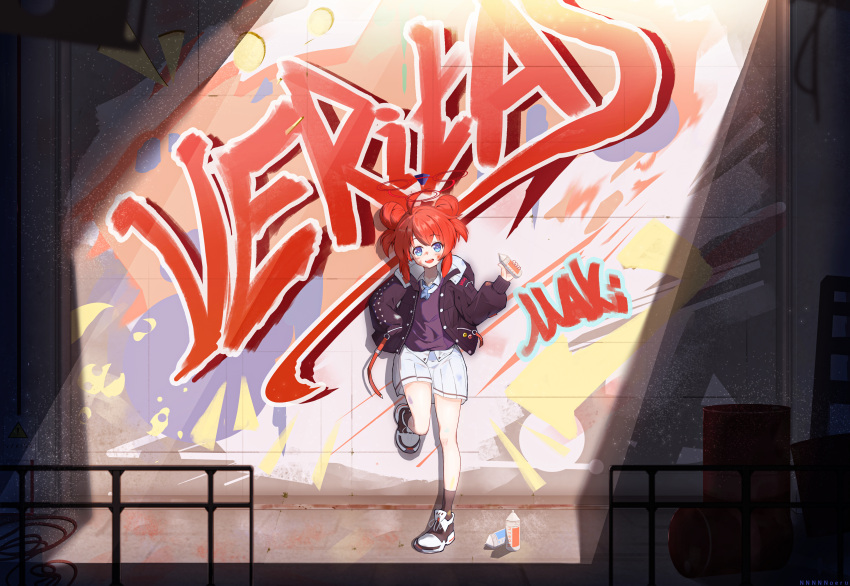 1girl absurdres against_wall ahoge blue_archive blue_eyes blue_necktie blue_sweater_vest character_name collared_shirt double_bun foot_against_wall full_body graffiti hair_bun halo highres hood hooded_jacket jacket looking_at_viewer maki_(blue_archive) necktie nnnnnoeru paint_on_clothes paint_splatter paint_splatter_on_face pleated_skirt puffy_sleeves red_hair shirt shoes sidelocks skirt smiley_face sneakers solo spray_can spray_paint standing standing_on_one_leg sunlight sweater_vest white_shirt