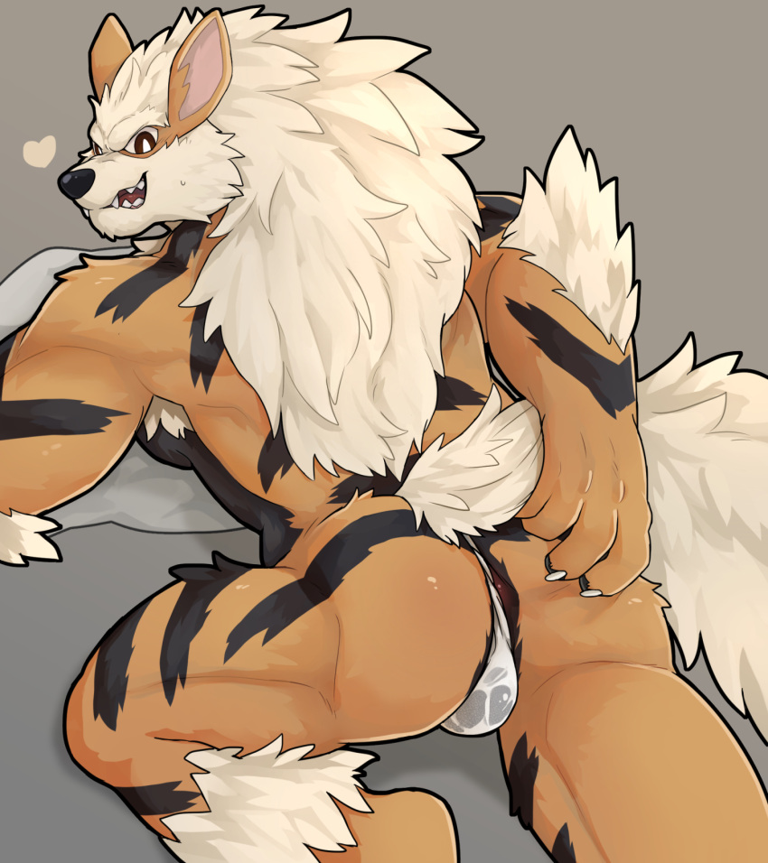 anthro anthrofied anus arcanine asian_clothing balls_outline barely_visible_anus butt clothed clothing east_asian_clothing fundoshi fundoshi_only generation_1_pokemon genital_outline grey_background hand_on_butt hand_on_own_butt hi_res huka japanese_clothing looking_at_viewer looking_back looking_back_at_viewer lying male muscular muscular_male nintendo on_front pokemon pokemon_(species) presenting presenting_hindquarters simple_background solo spread_butt spreading topless translucent translucent_clothing translucent_underwear underwear underwear_only