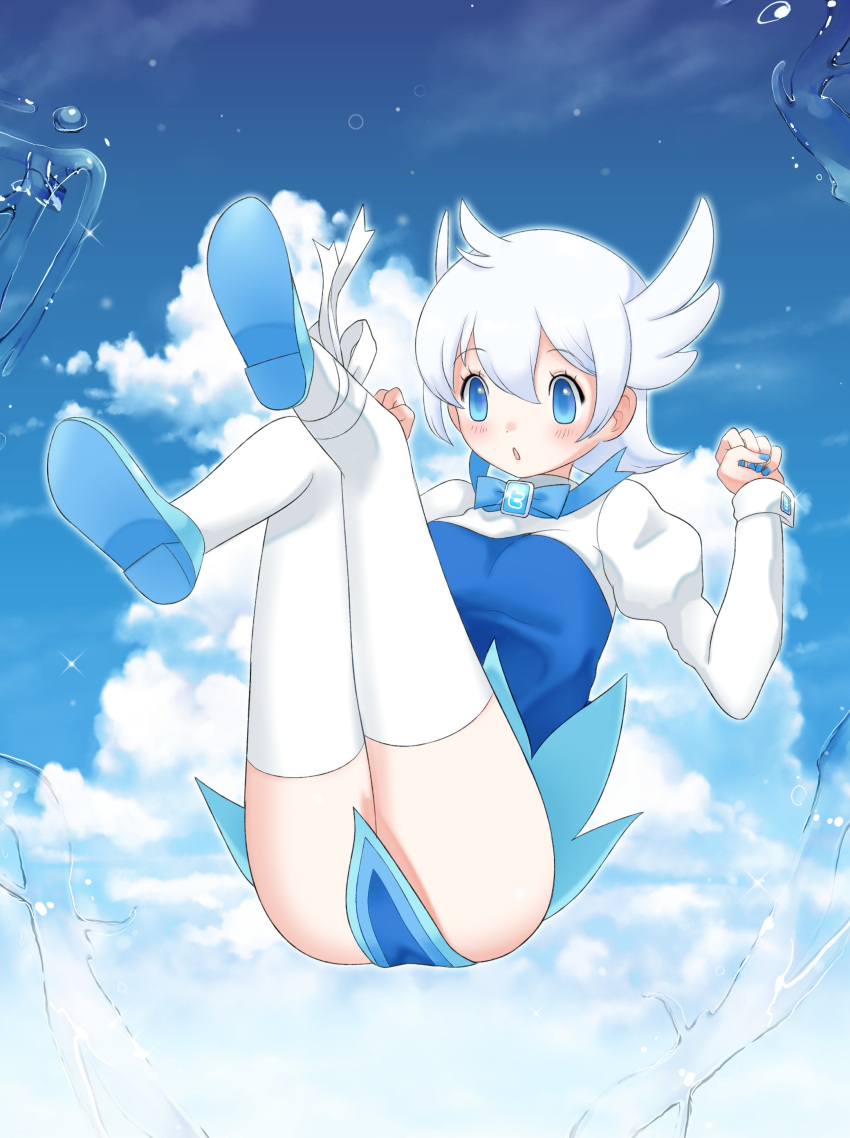 1girl absurdres bird_wings blue_dress blue_eyes blue_footwear blue_sky bow bowtie cloud dress english_commentary flying highres looking_at_viewer nelly_(altsarespicy) open_mouth ribbon shoes short_hair skirt sky socks solo thighhighs twitter white_hair wings yoshizaki_mine_(style)