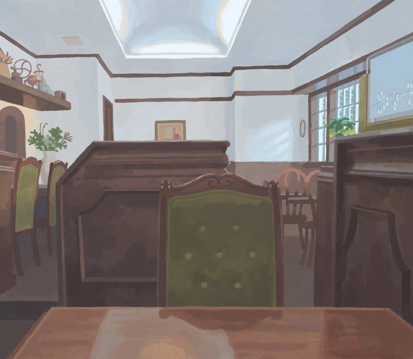 cafe commentary day highres indoors muji_(uimss) no_humans original painting_(object) plant potted_plant reflective_table scenery shelf table window wooden_chair wooden_table
