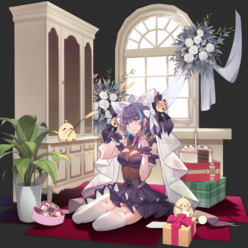 alternate_costume animal_band animal_ears arm_garter azur_lane bell box box_of_chocolates bubble1995 cake cheshire_(azur_lane) chocolate dress fake_animal_ears flower food frilled_dress frilled_ribbon frills garter_straps gift hand_up highres knitting manjuu_(azur_lane) multicolored_hair plant potted_plant ribbon see-through_cleavage seiza short_hair sitting streaked_hair thighhighs two-tone_hair veil white_thighhighs