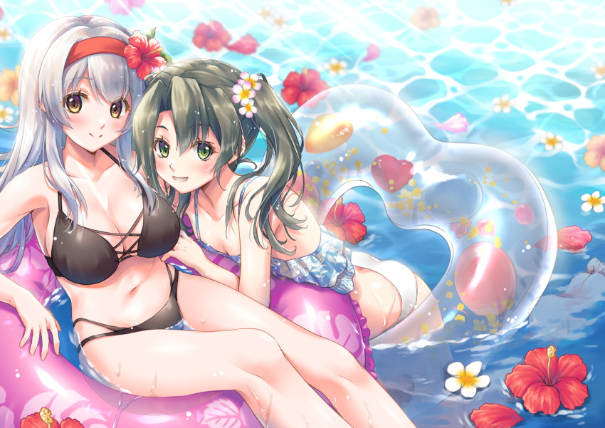 2girls alternate_costume bare_arms bare_legs bare_shoulders bikini black_bikini blue_bikini blush breasts brown_eyes cleavage closed_mouth collarbone comiket_102 commentary_request flower green_eyes green_hair grey_hair grin hair_between_eyes hair_flower hair_ornament halterneck headband heart-shaped_innertube hibiscus innertube kantai_collection large_breasts long_hair looking_at_viewer minakami_nagara multiple_girls navel ocean on_innertube outdoors partially_submerged pink_flower pink_innertube red_flower red_headband shoukaku_(kancolle) small_breasts smile swimsuit transparent_innertube twintails two-tone_bikini water wet white_bikini yellow_eyes zuikaku_(kancolle)