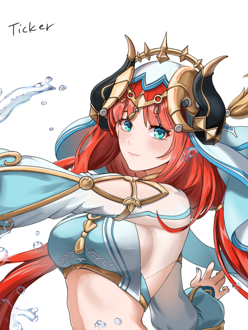 1girl artist_name blue_eyes blush breasts commentary_request crop_top fake_horns genshin_impact highres horns large_breasts long_hair long_sleeves looking_at_viewer midriff nilou_(genshin_impact) red_hair signature simple_background smile solo stomach ticker_(kks2ksy) upper_body veil very_long_hair white_background