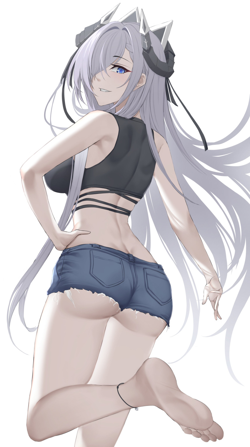 1girl absurdres anklet arturaxia ass august_von_parseval_(azur_lane) azur_lane bare_shoulders barefoot blue_eyes commission curled_horns cutoffs denim denim_shorts hair_over_one_eye hand_on_own_hip highres horns jewelry knee_up long_hair looking_at_viewer looking_back purple_hair short_shorts shorts simple_background smile solo toes white_background