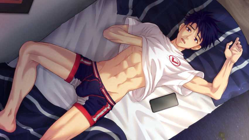 1boy abs ace_anderson bedroom blue_hair boxers bulge clothes_lift collaboration dark_blue_hair feet_out_of_frame floor from_above highres indoors jock_studio_(blits_games) looking_at_viewer male_focus male_underwear mikkoukun navel non-web_source official_art on_bed open_mouth phone shirt shirt_lift short_hair solo teeth underwear upper_teeth_only variant_set wall white_shirt zamius