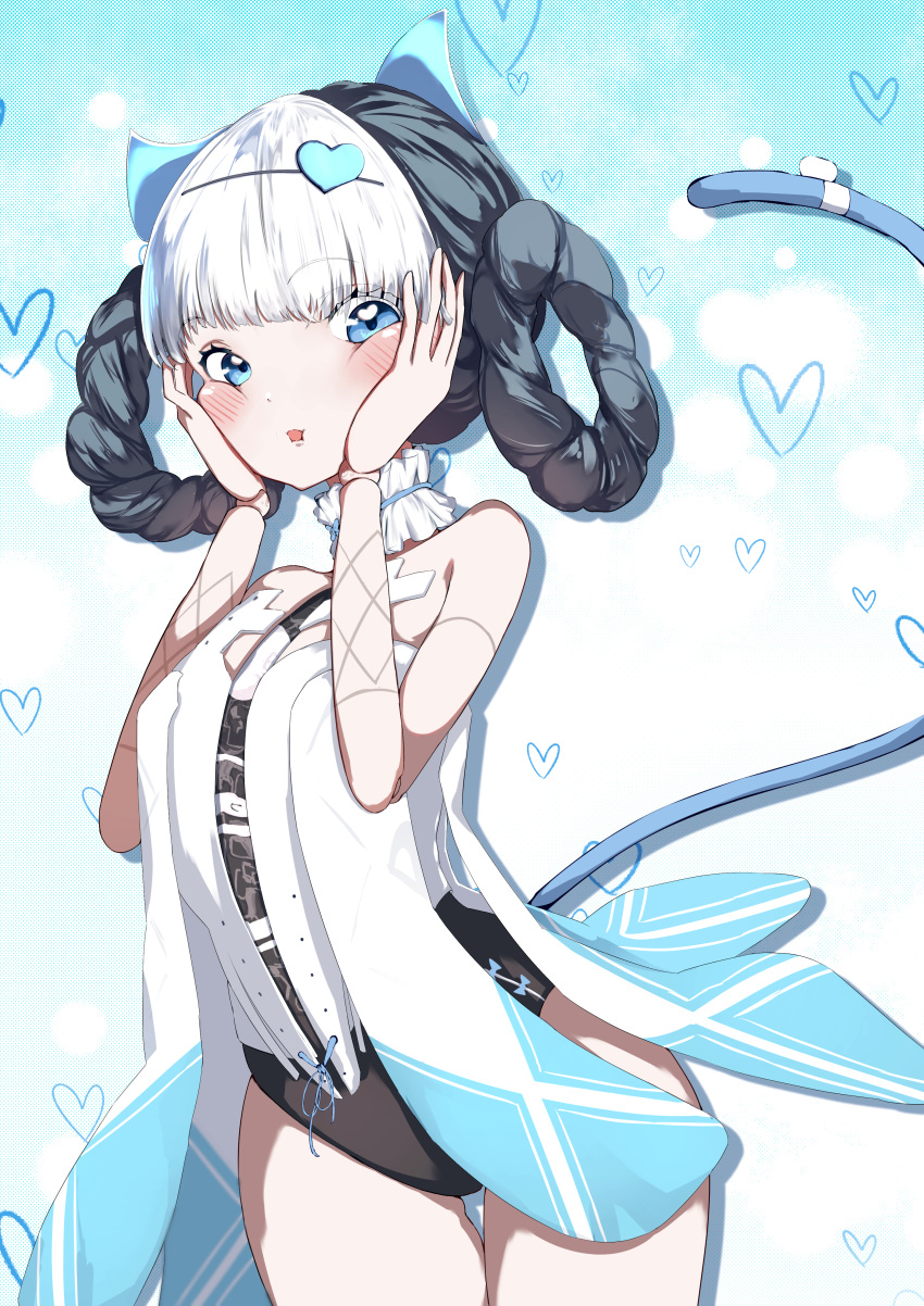 1girl absurdres animal_ears bare_legs black_hair blue_eyes blush bombinata_(punishing:_gray_raven) braid cat_ears cat_tail doll_joints fake_animal_ears fake_tail hair_ornament hands_on_own_cheeks hands_on_own_face heart heart-shaped_pupils heart_hair_ornament highres joints mechanical_arms multicolored_hair open_mouth punishing:_gray_raven symbol-shaped_pupils tail takashi_san twin_braids two-tone_hair white_hair