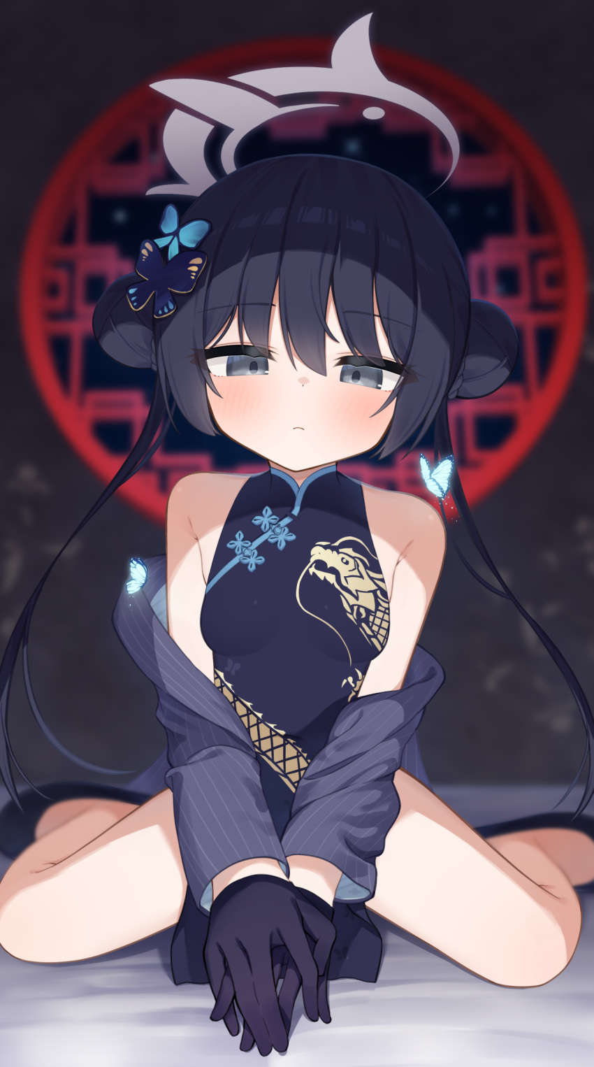 1girl bare_legs bare_shoulders black_footwear black_gloves black_hair blue_archive blue_butterfly blush breasts bug butterfly butterfly_hair_ornament china_dress chinese_clothes coat double_bun dragon_print dress full_body gloves grey_coat grey_eyes grey_halo hair_bun hair_ornament halo highres kisaki_(blue_archive) long_hair long_sleeves looking_at_viewer off_shoulder paid_reward_available sitting sleeveless sleeveless_dress small_breasts solo twintails vertical-striped_coat waon_(43ctw) wariza