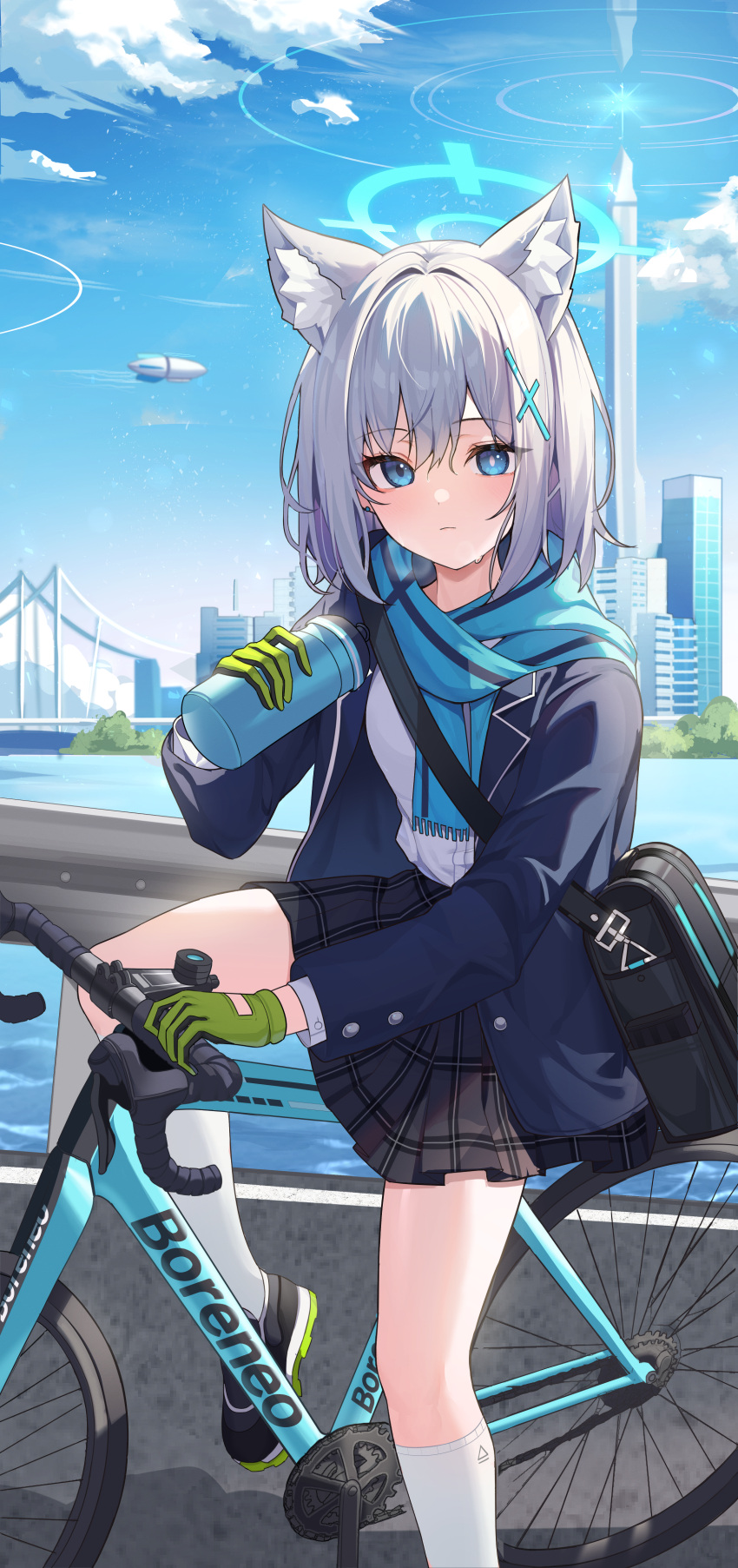 1girl absurdres animal_ears aqua_scarf bicycle black_skirt blazer blue_archive blush bottle building gloves green_gloves grey_hair halo highres holding holding_bottle jacket kakao346 kneehighs looking_at_viewer mismatched_pupils outdoors plaid plaid_skirt pleated_skirt scarf school_uniform shiroko_(blue_archive) skirt socks solo steam white_socks wolf_ears