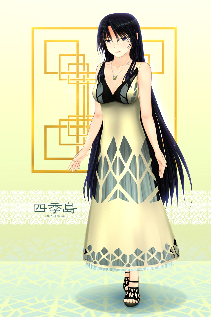 1girl absurdres bare_shoulders black_footwear black_hair collarbone dress east_japan_railway_company english_text ground_vehicle highres japan_railways jewelry kanji logo long_hair necklace personification purple_eyes rene_(e311) solo toeless_footwear train train_suite_shiki-shima