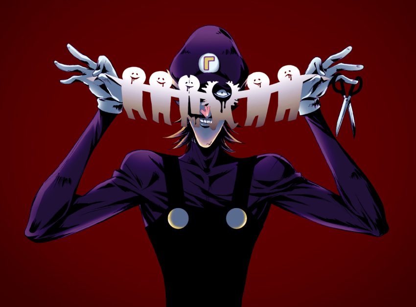 ._. 1boy big_nose bleeding blood clenched_teeth commentary_request evil_smile facial_hair frown kintamania801 male_focus mario_(series) mustache overalls paper_cutout pectorals purple_shirt red_background scissors shirt short_hair simple_background smile solo teeth toned toned_male upper_body waluigi