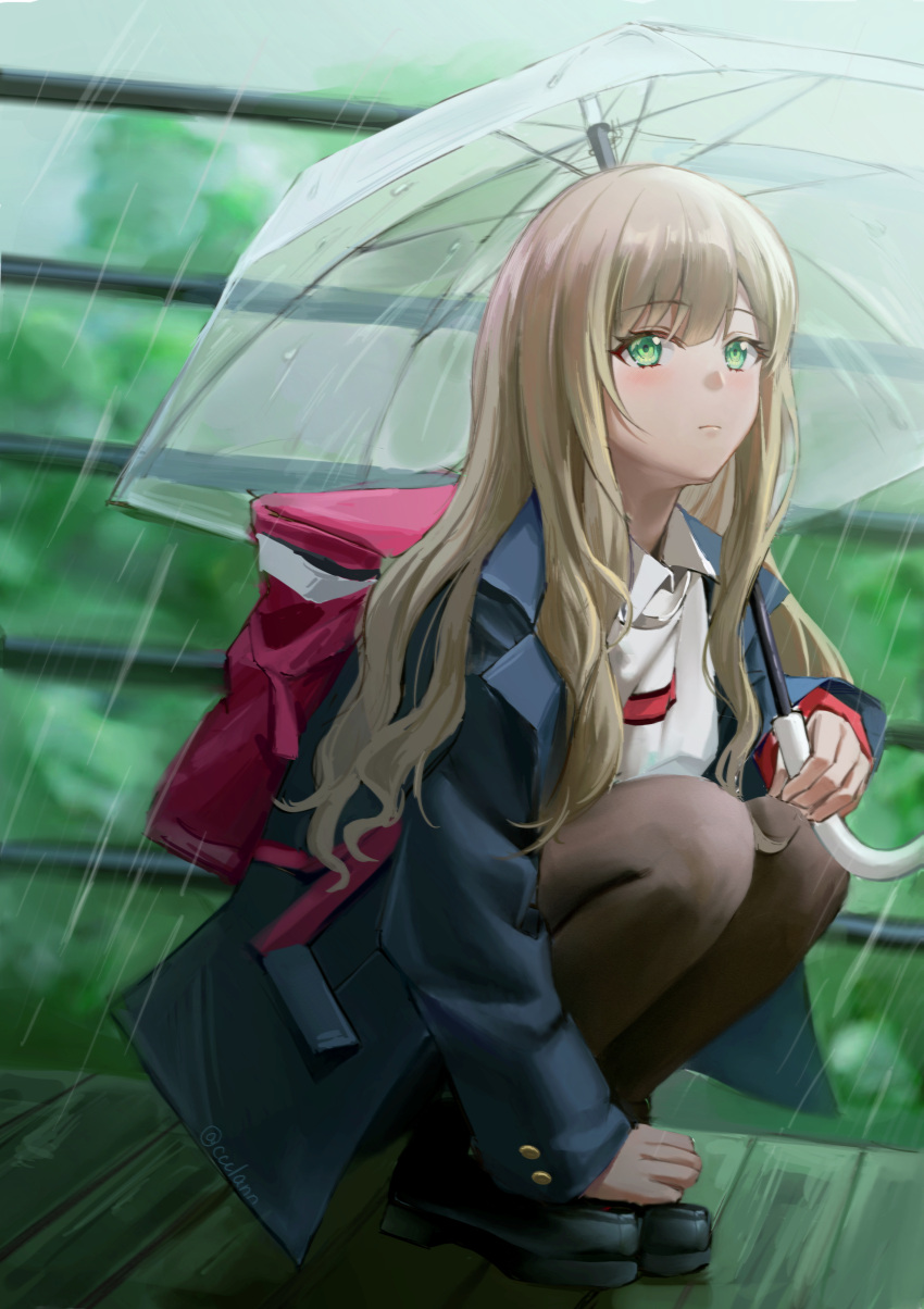 1girl absurdres black_pantyhose black_thighhighs blush brown_hair ccclann green_eyes gridman_universe highres long_hair looking_at_viewer minami_yume miniskirt pantyhose rain school_uniform skirt ssss.dynazenon thighhighs umbrella