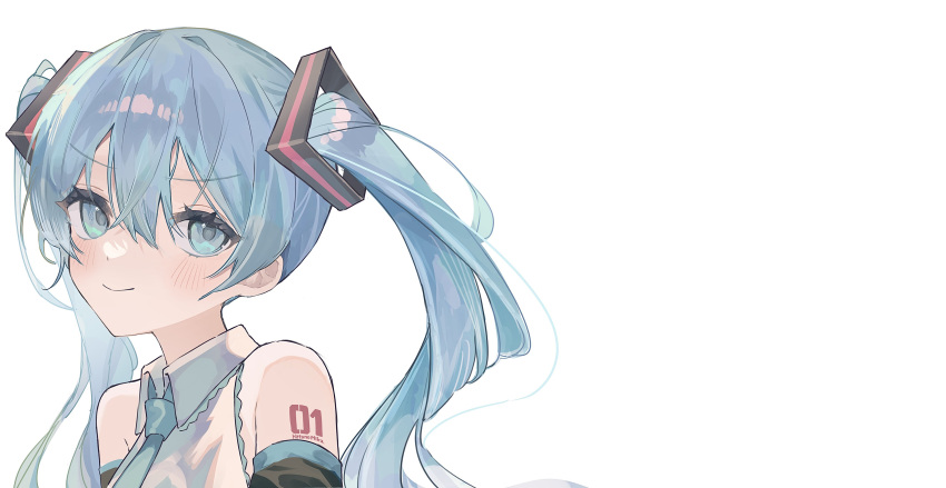 1girl absurdres bare_shoulders blush closed_mouth collared_shirt detached_sleeves green_eyes green_necktie grey_shirt hair_ornament hatsune_miku highres long_hair necktie number_tattoo portrait shirt simple_background smile solo tattoo tetra_mmm twintails vocaloid white_background white_hair