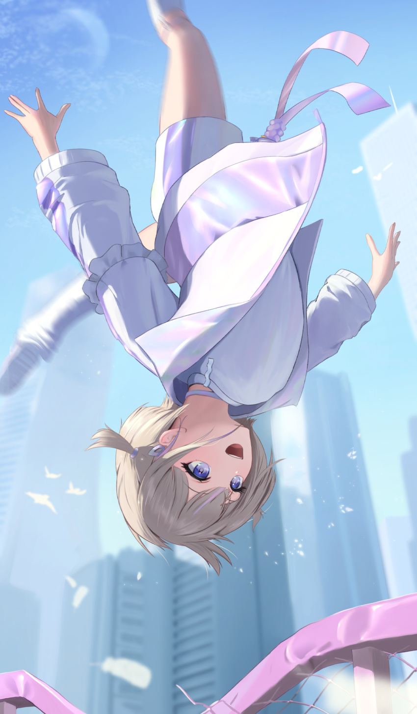 1girl blonde_hair building chain-link_fence choker city fence highres hololive hololive_dev_is jacket jumping motion_blur purple_eyes shirt short_twintails shorts todoroki_hajime torjun_111 twintails upside-down virtual_youtuber white_shirt