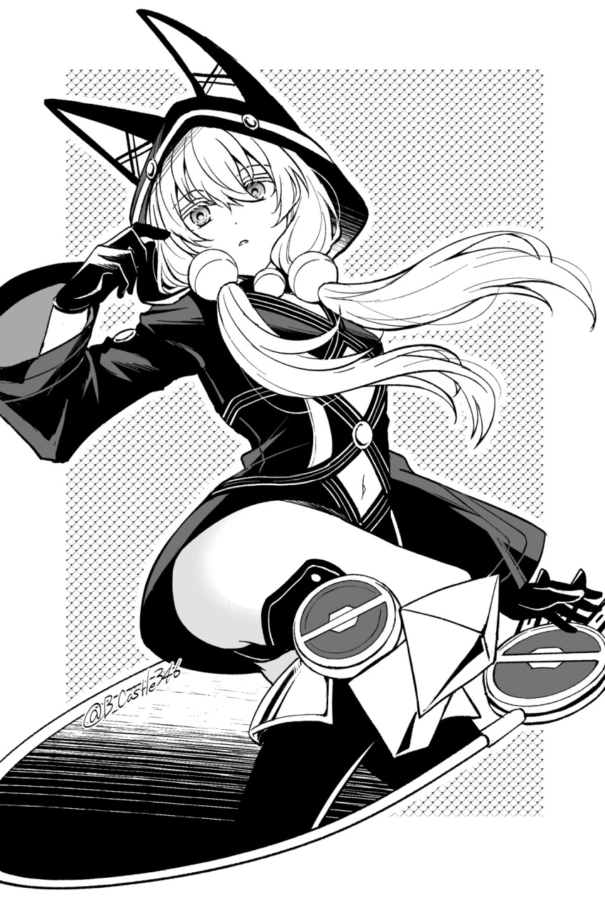 1girl altina_orion animal_hood boots clothing_cutout double-parted_bangs eiyuu_densetsu gloves greyscale hair_between_eyes highres hood hood_up hoodie long_hair long_sleeves mishiro_(andante) monochrome navel navel_cutout sen_no_kiseki sen_no_kiseki_ii solo twintails twitter_username