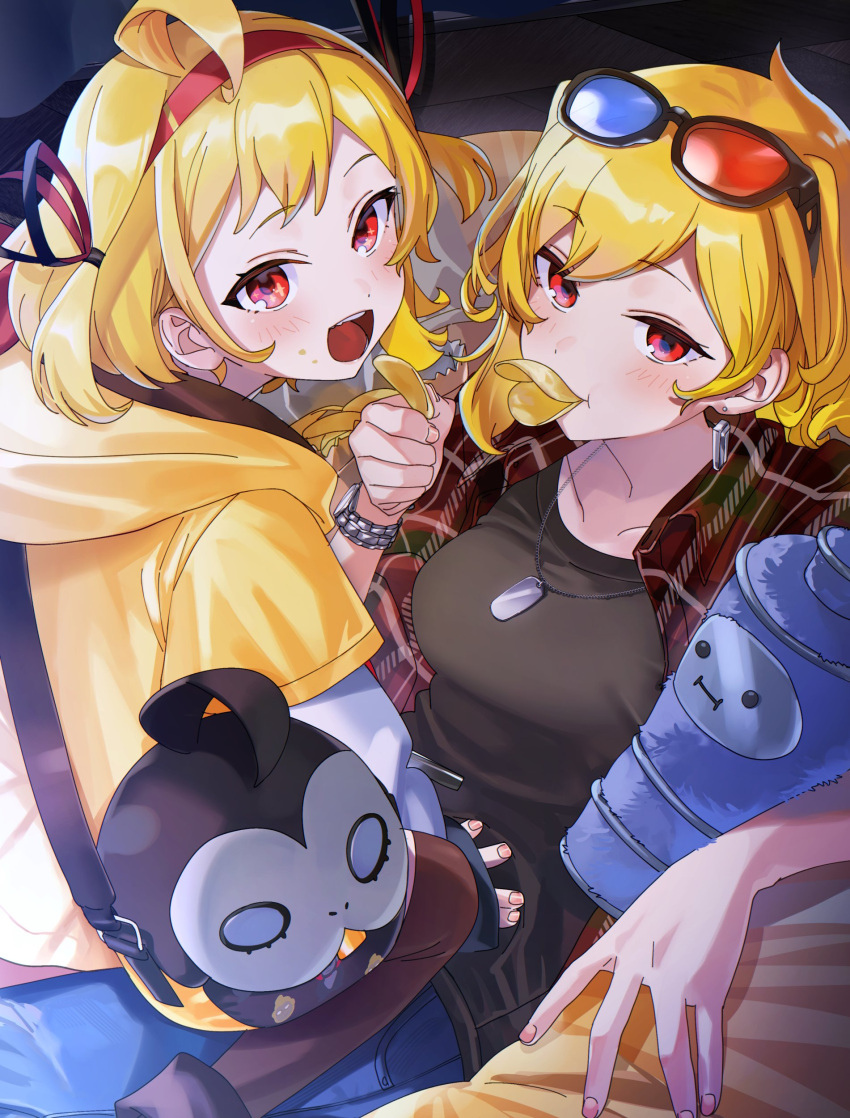 2girls absurdres age_comparison ahoge alternate_costume black_shirt blush breasts chips_(food) collarbone commentary dog_tags dual_persona earrings eating eyewear_on_head food food_on_face hairband heterochromatic_eyewear highres holding holding_food hololive hololive_indonesia hood hoodie jewelry kaela_kovalskia looking_at_viewer multiple_girls open_mouth plaid plaid_shirt potato_chips red_eyes red_hairband shirt short_hair sitting sitting_on_person smile symbol-only_commentary virtual_youtuber watch wristwatch yellow_hoodie yomosaka