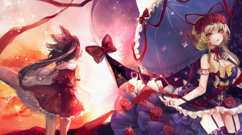 2girls bare_shoulders blonde_hair bow bowtie breasts bug butterfly choker cleavage closed_mouth commentary_request cowboy_shot detached_sleeves dress elbow_gloves expressionless flower flower_choker flower_ornament frilled_skirt frills from_behind gap_(touhou) garter_straps gloves hair_ribbon hakurei_reimu hand_up highres holding holding_umbrella kyogoku-uru long_hair looking_at_viewer multiple_girls parasol purple_choker purple_dress purple_eyes purple_thighhighs red_bow red_flower red_ribbon red_skirt red_vest ribbon skirt socks thighhighs touhou umbrella vest white_sleeves white_socks wide_sleeves yakumo_yukari yellow_bow yellow_bowtie