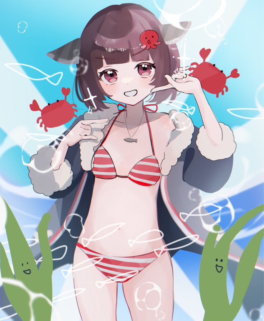 1girl air_bubble bikini black_jacket blade blunt_bangs bob_cut brown_hair bubble collarbone commentary cosplay cowboy_shot crab finger_to_cheek fish fish_pendant fur-trimmed_jacket fur_trim grin halterneck hands_up hatsune_miku hatsune_miku_(cosplay) head_tilt headgear highres jacket kabi_(kabipam) light_blush looking_at_viewer navel open_clothes open_jacket pointing pointing_at_self red_bikini red_eyes seaweed short_hair smile smiley_face solo sparkle stomach striped striped_bikini swimsuit symbol-only_commentary touhoku_kiritan umi_no_searchlight_(vocaloid) v-shaped_eyebrows vocaloid voiceroid yuki_miku yuki_miku_(2022) yuki_miku_(cosplay)