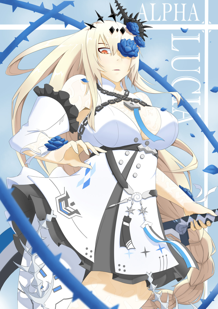 1girl absurdres alpha_(punishing:_gray_raven) blonde_hair blue_flower blue_rose breasts chain character_name cleavage conch detached_sleeves dress flower flower_over_eye hair_flower hair_ornament highres holding holding_sword holding_weapon ken261315zx large_breasts lock long_hair lucia:_crimson_abyss_(apocalyptic_cyan)_(punishing:_gray_raven) lucia:_crimson_abyss_(punishing:_gray_raven) one_eye_covered padlock pantyhose parted_lips punishing:_gray_raven rose shell_hair_ornament single_leg_pantyhose solo sword thorns weapon white_dress white_pantyhose white_sleeves
