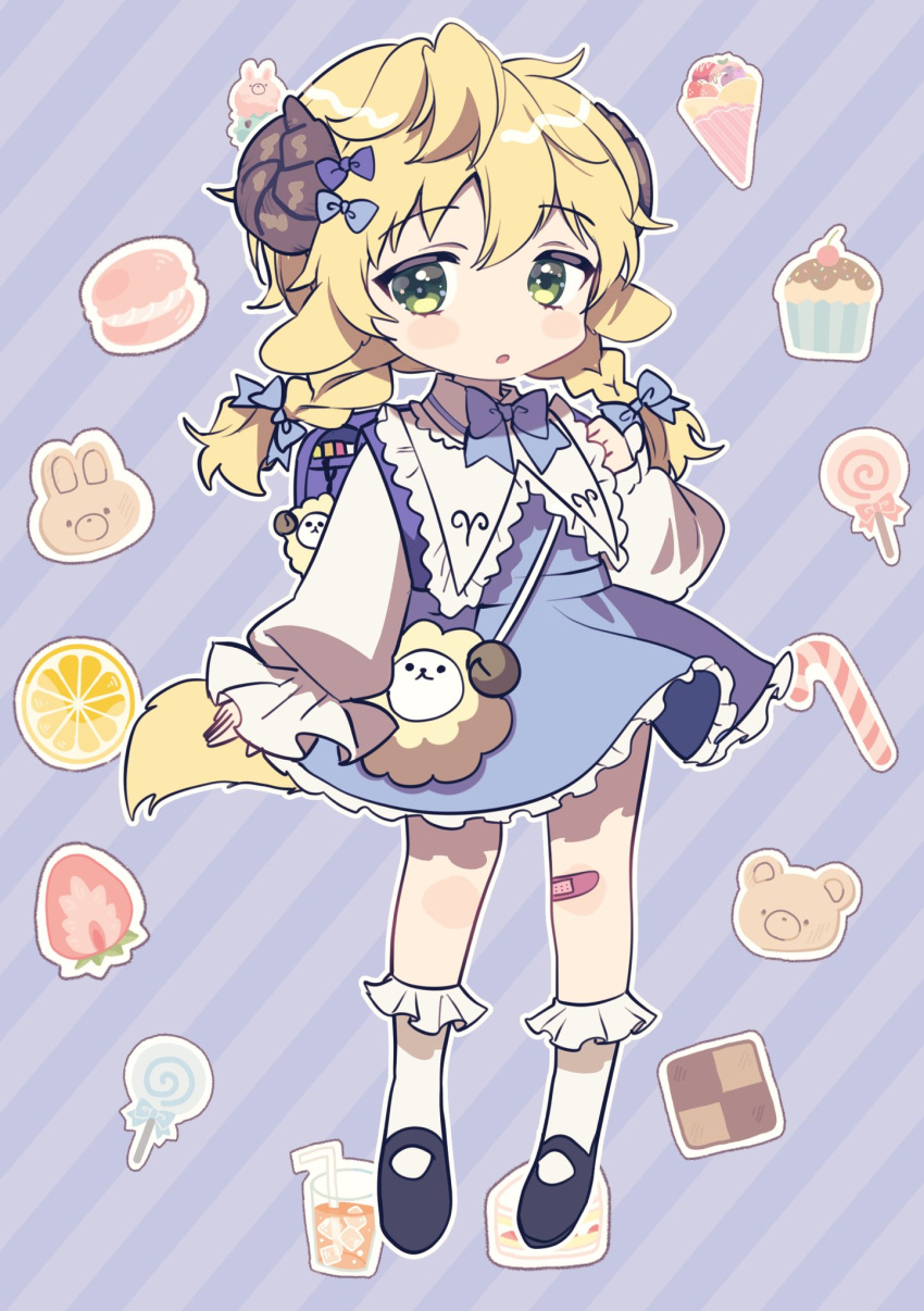 1boy aged_down animal_bag animal_ears arm_at_side backpack bag bandaid bandaid_on_knee bandaid_on_leg blue_bag blue_dress blush_stickers bobby_socks braid commentary_request crossdressing dress frilled_socks frills full_body green_eyes highres horns indie_virtual_youtuber kazepana long_sleeves looking_at_viewer low_twin_braids male_focus mary_janes otoko_no_ko parted_lips pinafore_dress pomu_meruto randoseru sheep_boy sheep_ears sheep_horns sheep_tail shoes skirt sleeveless sleeveless_dress socks tail twin_braids white_skirt white_socks