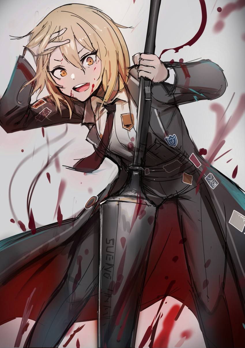 1girl absurdres badge black_pants blonde_hair blood blood_on_clothes blood_splatter chuhaibane collared_shirt don_quixote_(limbus_company) grey_background hand_up highres holding holding_weapon lance leaning_forward limbus_company looking_at_viewer necktie open_mouth pants polearm project_moon red_necktie shirt short_hair simple_background smile solo sticker weapon white_shirt yellow_eyes