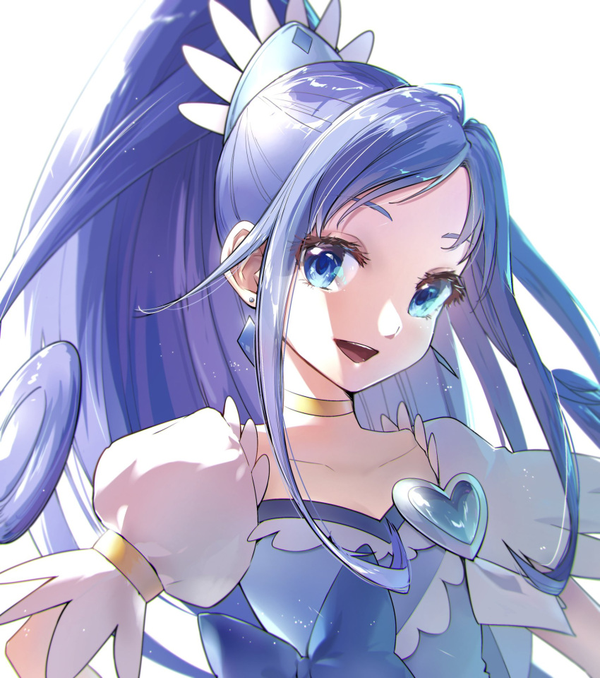 1girl blue_bow blue_eyes blue_hair bow brooch choker collarbone crystal_earrings cure_diamond dokidoki!_precure earrings hair_ornament heart heart_brooch high_ponytail highres hishikawa_rikka jewelry long_hair magical_girl open_mouth precure puffy_sleeves puri1028puri smile solo upper_body waist_bow white_background wide_ponytail yellow_choker