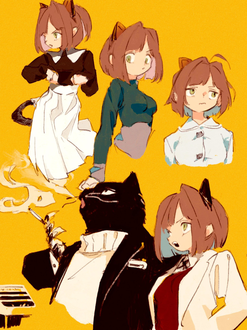 1girl ahoge alternate_costume alternate_hair_color ashtray between_fingers black_cat black_jacket black_shirt blazer blowing_smoke blue_pajamas blunt_ends brown_hair cat cat_ear_hairband cat_tail cigarette collared_shirt colored_inner_hair commentary_request cropped_torso furry glaring green_eyes green_shirt green_sweater grey_hair hair_intakes highres holding holding_cigarette idolmaster idolmaster_cinderella_girls imay3927 impossible_clothes impossible_sweater jacket looking_ahead looking_to_the_side maekawa_miku multicolored_hair multiple_views open_clothes open_jacket pajamas pink_hair pleated_skirt red_shirt rolling_eyes shirt shirt_tucked_in skirt smoking sweater tail turtleneck turtleneck_sweater v-shaped_eyebrows white_jacket white_skirt white_sweater