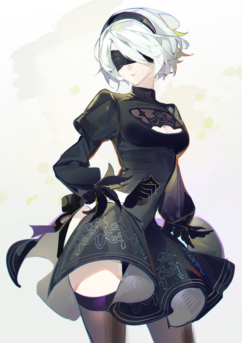 1girl 2b_(nier:automata) absurdres black_blindfold black_dress black_gloves black_hairband black_thighhighs blindfold breasts cleavage cleavage_cutout clothing_cutout dress ershuihe feather-trimmed_sleeves gloves hairband highres juliet_sleeves leotard leotard_under_clothes long_sleeves medium_breasts mole mole_under_mouth nier:automata nier_(series) puffy_sleeves short_hair simple_background solo thighhighs white_hair