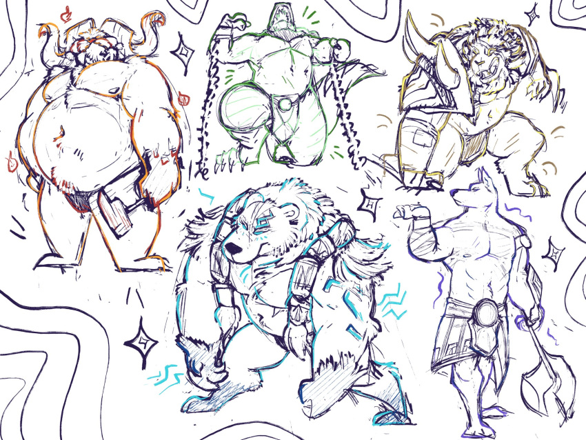 &gt;:( 2_horns ^_^ abs alligator alligatorid anthro anubian_jackal ascended athletic bandage bandaged_arm bar_emanata bear beard belly belly_tuft big_belly blocky_snout blue_eyes blue_markings blue_outline blue_tattoo body_hair bottomwear bound bovid bovid_horn braided_beard braided_hair braided_mustache broad_shoulders burly canid canine canis caprine caprine_horn cellocinder chest_tuft chubby_anthro chubby_male claws closed_frown clothed clothing crocodile crocodilian crocodylid cuff_(restraint) cuffed_wrists curled_horn dark_nose demigod digitigrade emanata eye_markings eye_patch eye_tattoo eyebrows eyes_closed eyewear facial_hair facial_tattoo facial_tuft felid fist glare green_outline group grumpy hair hammer hand_on_ground hi_res highlights_(coloring) holding_object horn iconography jackal kneeling league_of_legends lion loincloth long_hair male mammal manly markings mature_anthro mature_male monochrome moobs musclegut muscular muscular_anthro muscular_male mustache nasus_(lol) navel nipples no_pupils no_sclera one_eye_obstructed open_mouth open_smile ornn_(lol) outline overweight overweight_anthro overweight_male pantherine pecs pigtails polar_bear pose prick_ears purple_outline raised_arms raised_head ram_horn red_outline renekton rengar_(lol) reptile restrained restraints riot_games scalie screaming shackled shackled_wrists sharp_horn sharp_teeth shirtless shirtless_anthro shirtless_male shoulder_guards shoulder_tuft sketch sketch_page skimpy skirt slightly_chubby slightly_chubby_anthro slightly_chubby_male smile sparkles staff standing stocky tattoo teeth thick_eyebrows thong tools tuft twin_braids underwear underwear_only ursine volibear wide_stance yellow_outline