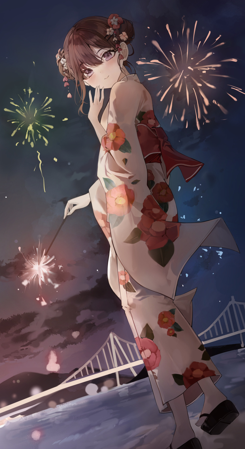 1girl absurdres aerial_fireworks blush bridge brown_hair closed_mouth commentary double_bun dutch_angle fireworks floral_print flower fu_u03 full_body hair_behind_ear hair_between_eyes hair_bun hair_flower hair_ornament hairclip hand_up highres holding_fireworks japanese_clothes kimono looking_at_viewer looking_back medium_hair mountainous_horizon obi original parted_bangs sandals sash shadow single_sidelock smile solo sparkler standing summer_festival uchiage_hanabi_shita_kara_miru_ka?_yoko_kara_miru_ka? yukata