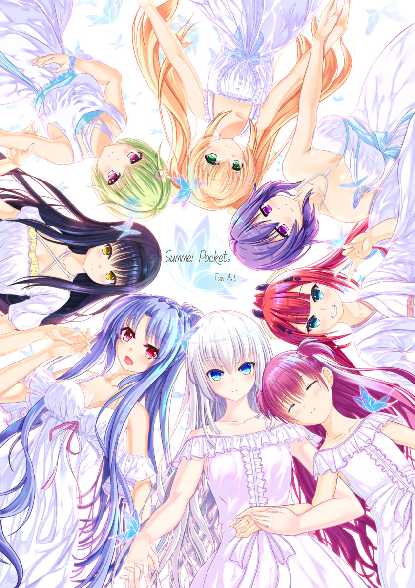 6+girls :d ^_^ alternate_costume aqua_eyes black_hair blonde_hair blue_butterfly blue_eyes blue_hair blunt_ends blush braid breasts bug butterfly center_frills cleavage closed_eyes closed_mouth collarbone commentary_request copyright_name criss-cross_halter crocodile_hair_ornament crown_braid dress eyelashes eyes_visible_through_hair female_child frilled_dress frills from_above green_eyes green_hair grin hair_between_eyes hair_intakes hair_ornament hair_spread_out hairclip halterneck hand_up heads_together highres holding_hands interlocked_fingers japanese_clothes kamiyama_shiki katou_umi kimono kushima_kamome large_breasts long_hair looking_at_viewer lying mizuori_shizuku multiple_girls naruse_shiroha nomura_miki oku_no_ma on_back open_mouth pink_eyes ponytail purple_eyes purple_hair red_eyes red_hair short_hair short_sleeves sidelocks simple_background sleeveless sleeveless_dress small_breasts smile sorakado_ao straight_hair strapless strapless_dress summer_pockets sundress tsumugi_wenders twintails two_side_up v very_long_hair white_background white_dress white_hair white_kimono yellow_eyes