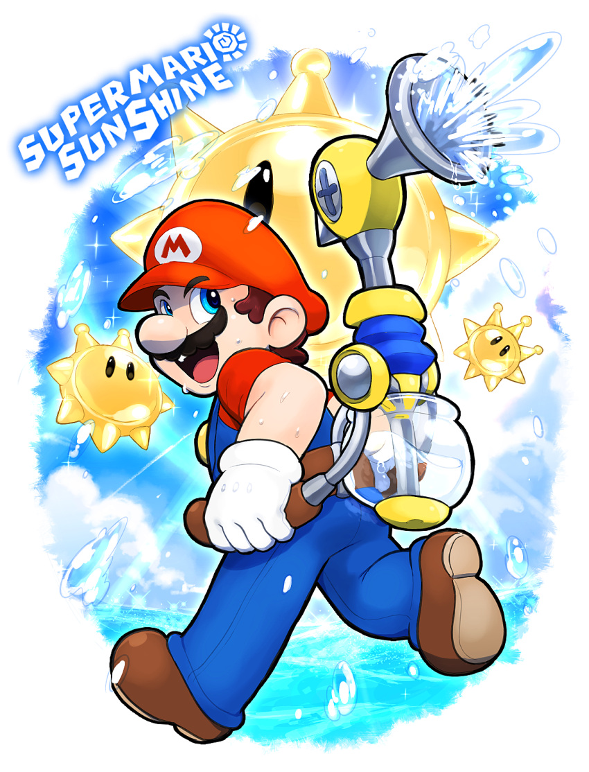 1boy belt blue_eyes blue_overalls brown_footwear copyright_name f.l.u.d.d. facial_hair full_body gloves happy hat highres hoshi_(star-name2000) mario mario_(series) mustache overalls red_headwear shine_sprite sky smile spraying super_mario_sunshine water