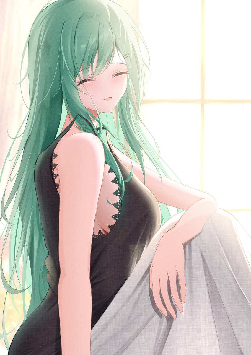 1girl absurdres bare_shoulders black_nightgown bloom breasts closed_eyes facing_viewer from_side green_hair hair_ornament hairclip haru_(haru83380282) highres lace-trimmed_nightgown large_breasts long_hair nightgown parted_lips see-through_silhouette sitting solo under_covers very_long_hair virtual_youtuber vspo! white_background yakumo_beni