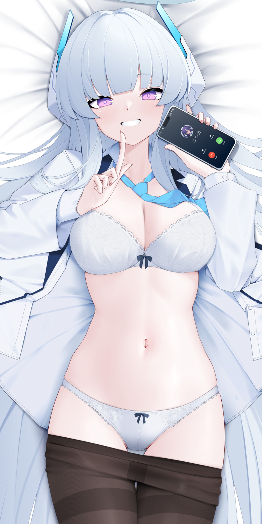 1girl absurdres bed_sheet blue_archive blunt_bangs blush bow bow_panties bra breasts cellphone cleavage clothes_pull collarbone dakimakura_(medium) finger_to_mouth highres holding holding_phone jacket large_breasts long_hair long_sleeves looking_at_viewer lying navel necktie noa_(blue_archive) on_back open_clothes panties pantyhose pantyhose_pull phone purple_eyes shushing smartphone smile solo stomach thigh_gap thighband_pantyhose underwear white_bra white_panties z.taiga