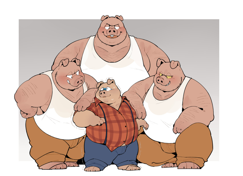2023 absurd_res anthro bodily_fluids brother brothers clothing domestic_pig garfield_(series) gort_pig group hi_res kemono male mammal mort_pig nervous orson's_farm orson_pig overalls overweight overweight_male quanjiang scared shaking shirt shivering sibling simple_background size_difference suid suina sus_(pig) sweat tank_top topwear wart_pig white_clothing white_shirt white_tank_top white_topwear yellow_sclera