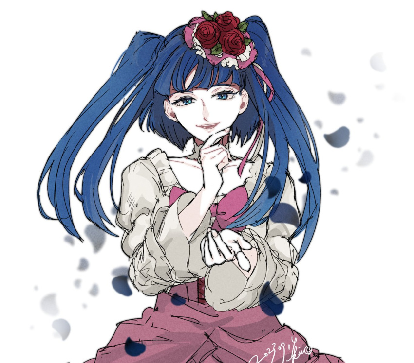 1girl artist_name blue_eyes blue_hair dated flower furudo_erika hair_flower hair_ornament highres long_hair long_sleeves looking_at_viewer pointing red_flower red_skirt shirt skirt smile smug sofy solo umineko_no_naku_koro_ni white_background white_shirt