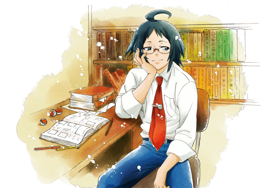 1boy ahoge arm_rest arm_support belt black_belt black_hair blue_eyes blue_pants book bookshelf breast_pocket chair cheren_(pokemon) closed_mouth collared_shirt commentary_request dante0909 desk elbow_on_table glasses head_rest looking_away looking_to_the_side male_focus necktie open_book pants pen pocket poke_ball poke_ball_(basic) pokemon pokemon_(game) pokemon_bw2 red_necktie shirt short_bangs sitting sleeves_past_elbows slouching smile solo table white_shirt