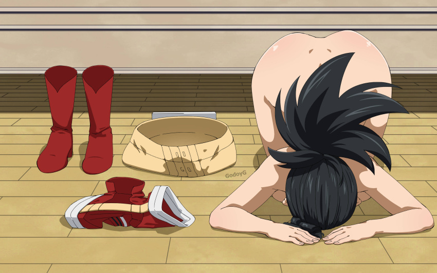 1girl absurdres all_fours black_hair boku_no_hero_academia boots breast_press breasts clothes_removed completely_nude dogeza face_down felipe_godoy full_body highres large_breasts nude on_floor ponytail red_footwear shirt_removed shoes shoes_removed skirt skirt_removed solo top-down_bottom-up yaoyorozu_momo