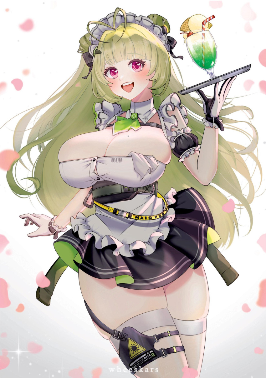 1girl :d antenna_hair apron arm_cuffs ascot black_gloves black_skirt blush breasts button_gap chest_harness chest_strap clothes_writing cowboy_shot cup detached_collar double_bun drinking_straw frills gloves goddess_of_victory:_nikke green_ascot hair_bun hair_ornament hair_ribbon hairclip harness heart_antenna_hair highres holding holding_plate large_breasts light_green_hair long_hair maid maid_apron maid_headdress melon_soda mole mole_on_breast open_mouth pink_eyes plate pleated_skirt ribbon skirt sleeveless smile soda_(nikke) solo teeth thighhighs two-tone_gloves upper_teeth_only wheeskars white_gloves white_thighhighs
