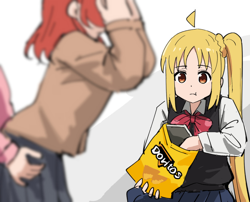 3girls ahoge black_vest blurry bocchi_the_rock! covering_face depth_of_field doritos dry_humping eating gotou_hitori hand_on_another's_hip highres humping ijichi_nijika kita_ikuyo looking_at_another multiple_girls photo-referenced pleated_skirt school_uniform side_ponytail simple_background skirt solo_focus tenten_(chan4545) vest watching white_background yuri