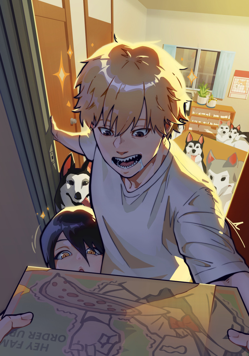 1boy 1girl 1other absurdres black_hair blonde_hair chainsaw_man denji_(chainsaw_man) door drooling family_burger_(chainsaw_man) food higashiyama_kobeni highres husky kenji_uz looking_at_object medium_hair nayuta_(chainsaw_man) ok_sign open_mouth pizza pov pov_doorway ringed_eyes shaking sharp_teeth shirt short_hair smile sparkle teeth white_shirt