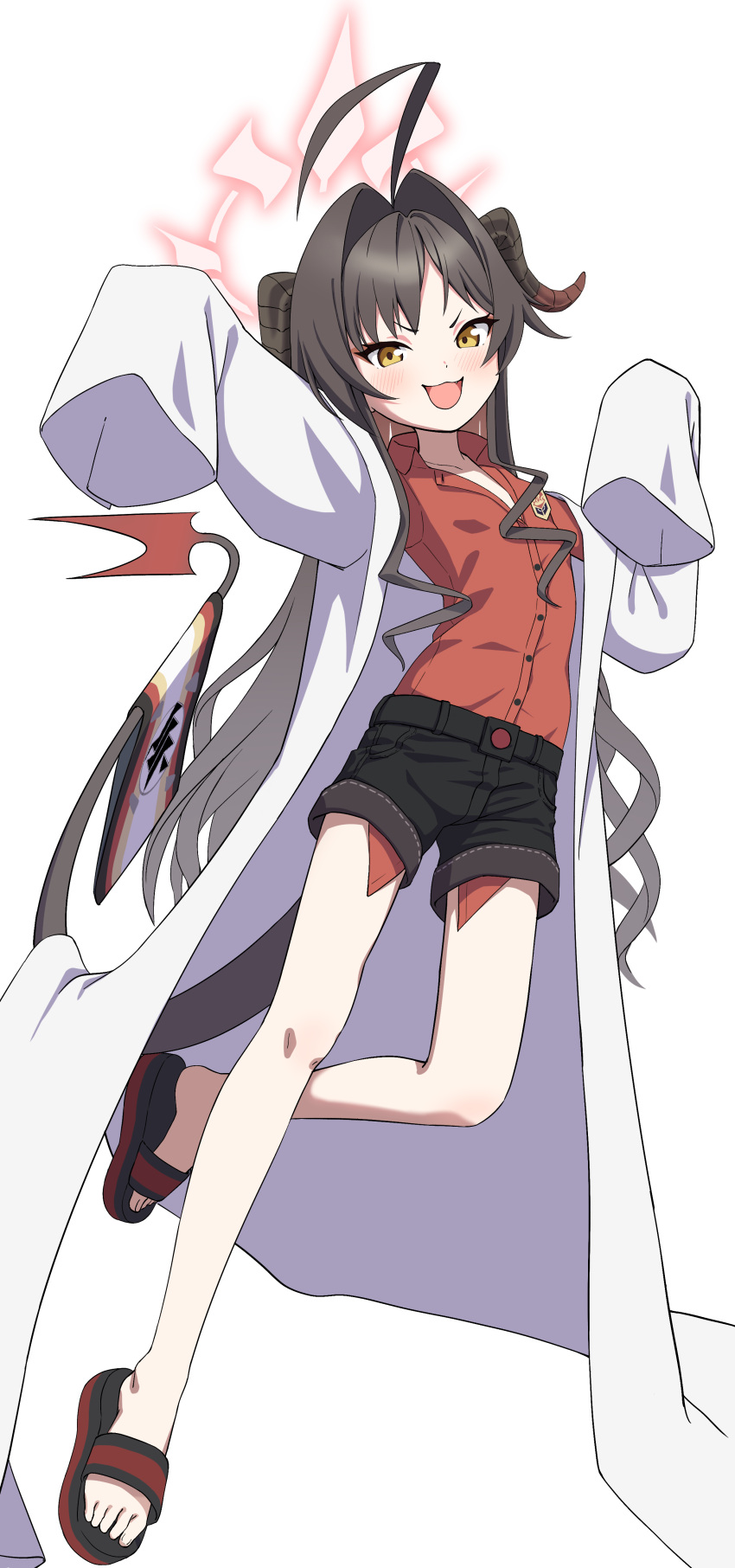 1girl :3 :d absurdres black_hair black_shorts blue_archive coat collared_shirt commentary dress_shirt full_body godyuurei hair_intakes halo highres horns kasumi_(blue_archive) lab_coat long_hair looking_at_viewer open_clothes open_coat open_mouth red_halo red_shirt sandals shirt shirt_tucked_in short_shorts shorts simple_background sleeves_past_fingers sleeves_past_wrists smile solo tail toes v-shaped_eyebrows white_background white_coat yellow_eyes