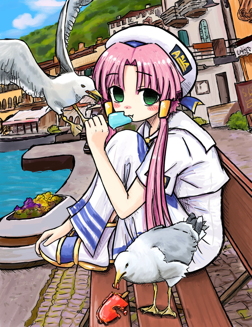 1girl animal aria aria_company_uniform bench bird blush bubbacterial building cloud day dress eating food green_eyes hat highres holding holding_food holding_popsicle looking_at_viewer mizunashi_akari outdoors pink_hair popsicle seagull short_sleeves sitting sky white_dress white_headwear